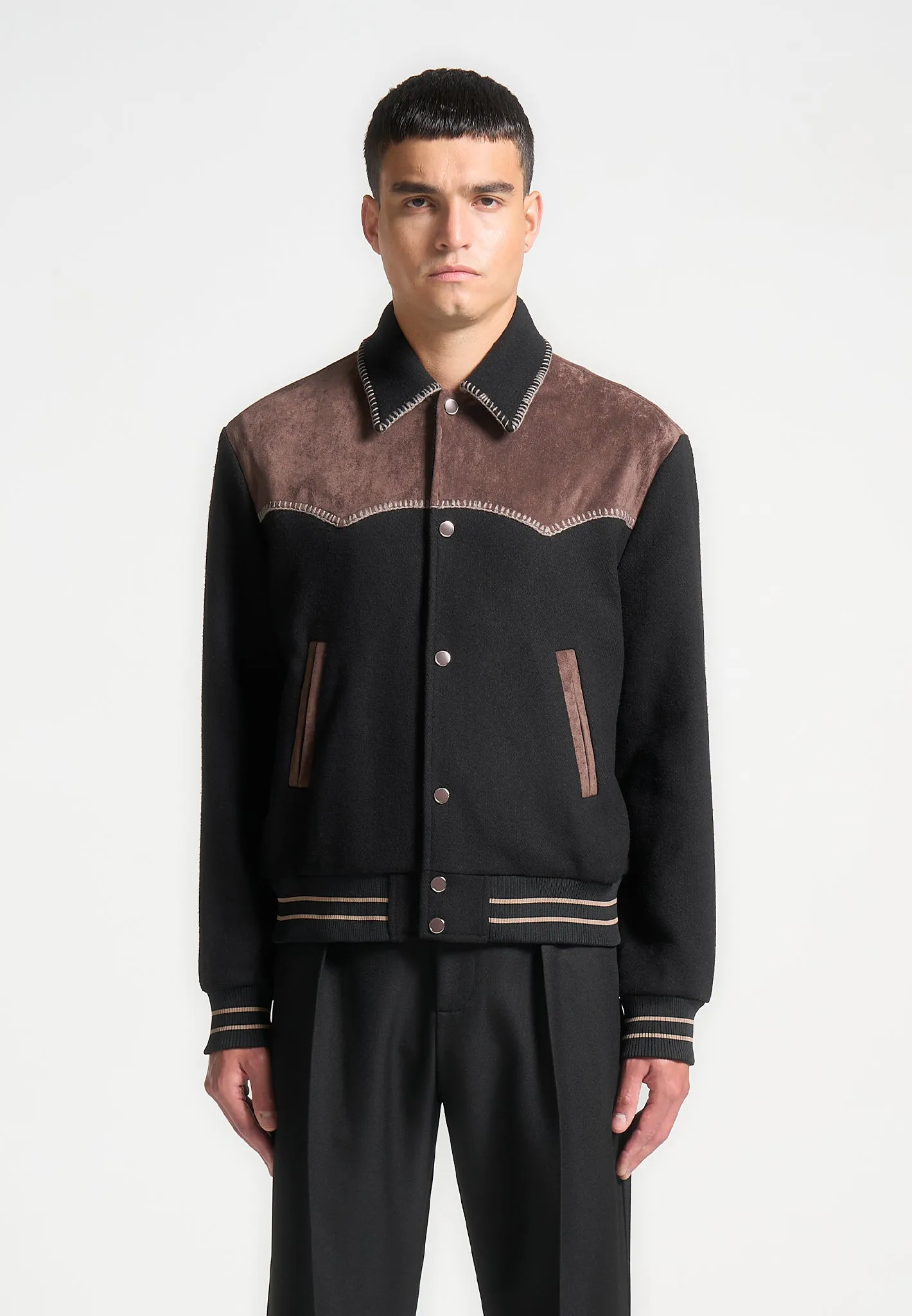 Suede and Wool Whipstitch Varsity Jacket - Black/Brown sold by Maniere De Voir product image thumbnail 3