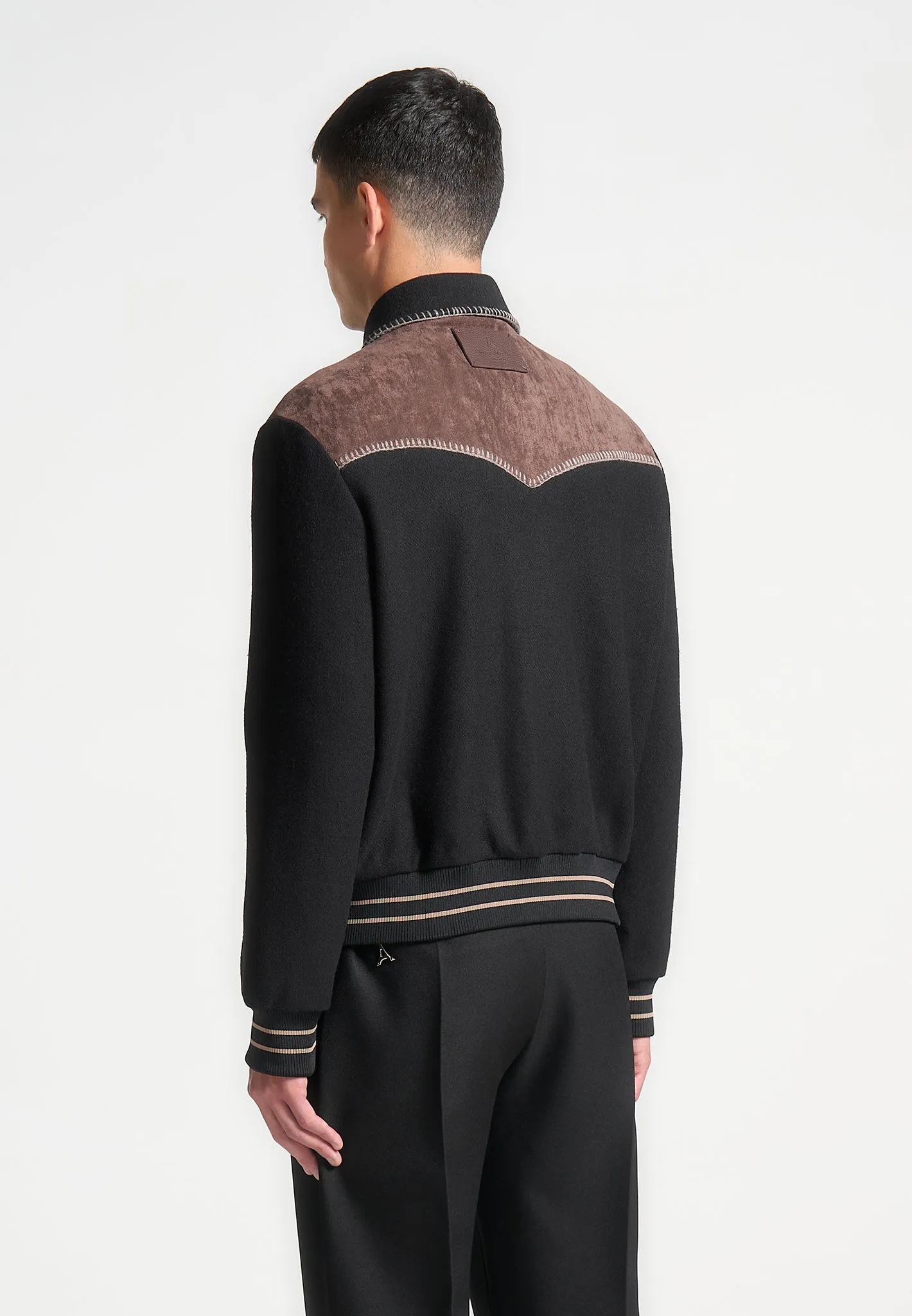 Suede and Wool Whipstitch Varsity Jacket - Black/Brown sold by Maniere De Voir product image thumbnail 4