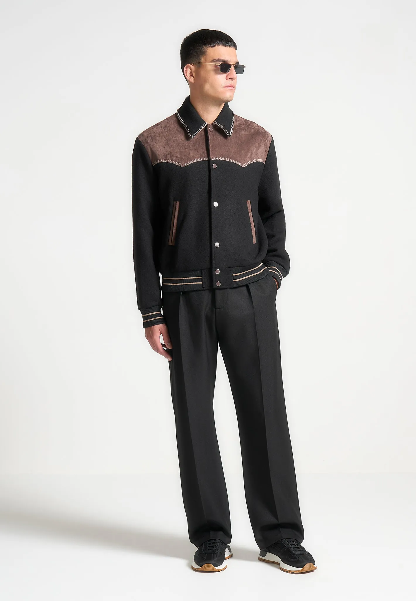 Suede and Wool Whipstitch Varsity Jacket - Black/Brown sold by Maniere De Voir product image thumbnail 2