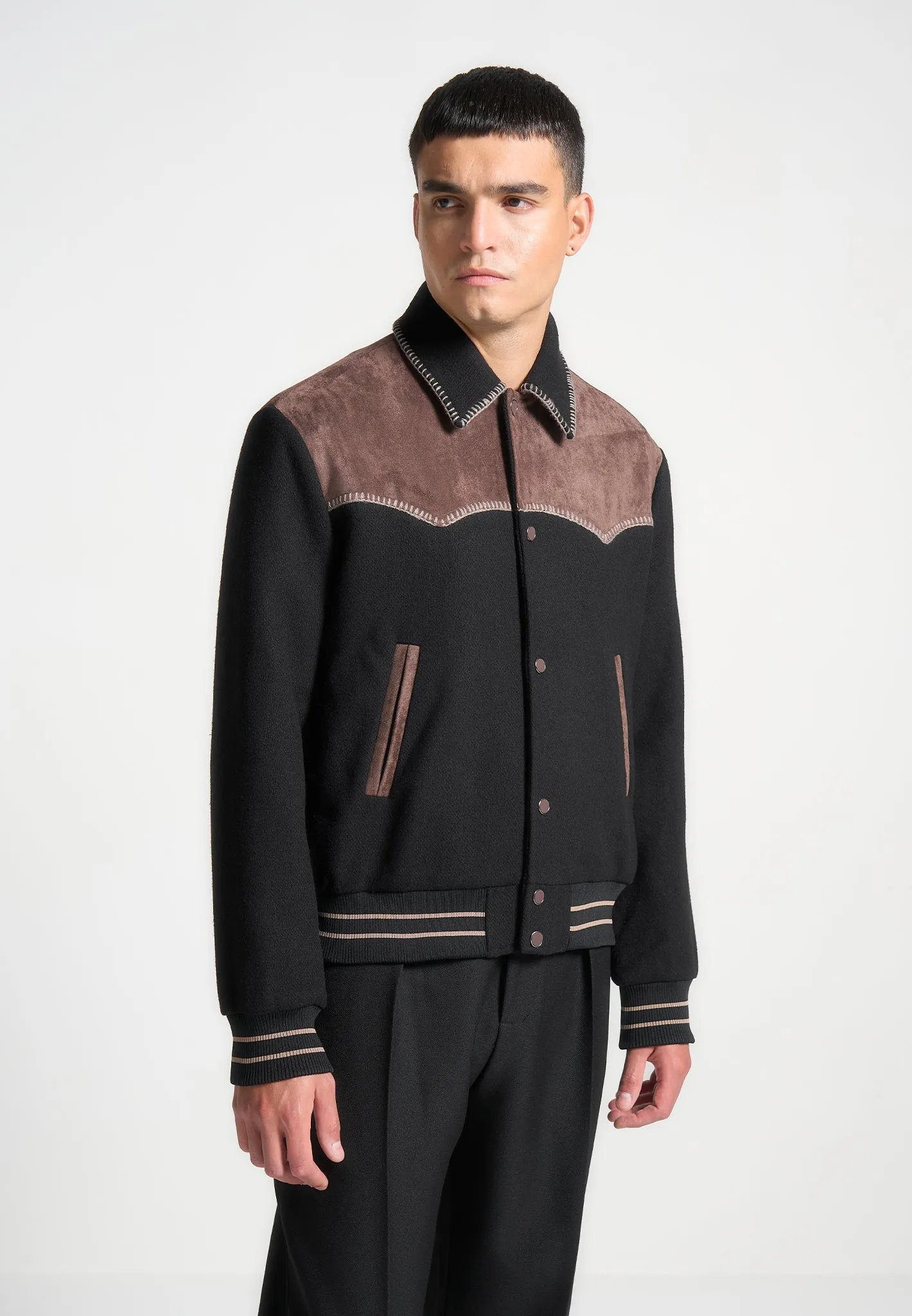 Suede and Wool Whipstitch Varsity Jacket - Black/Brown sold by Maniere De Voir