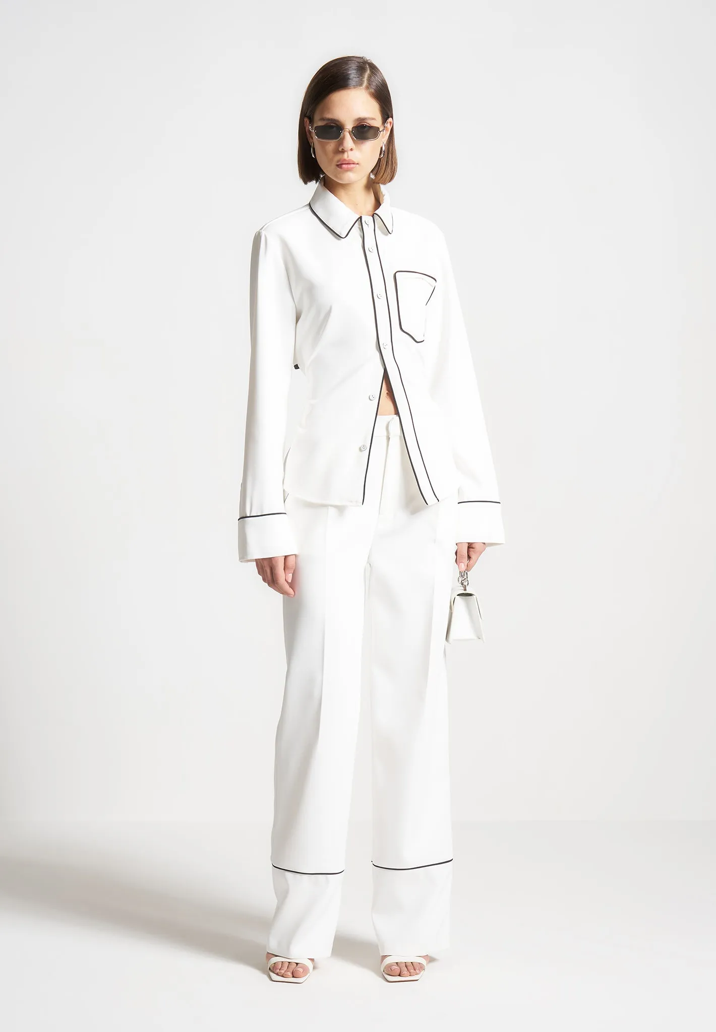 Mina - Contrast Piped Pleated Trousers - White/Black sold by Maniere De Voir product image thumbnail 2