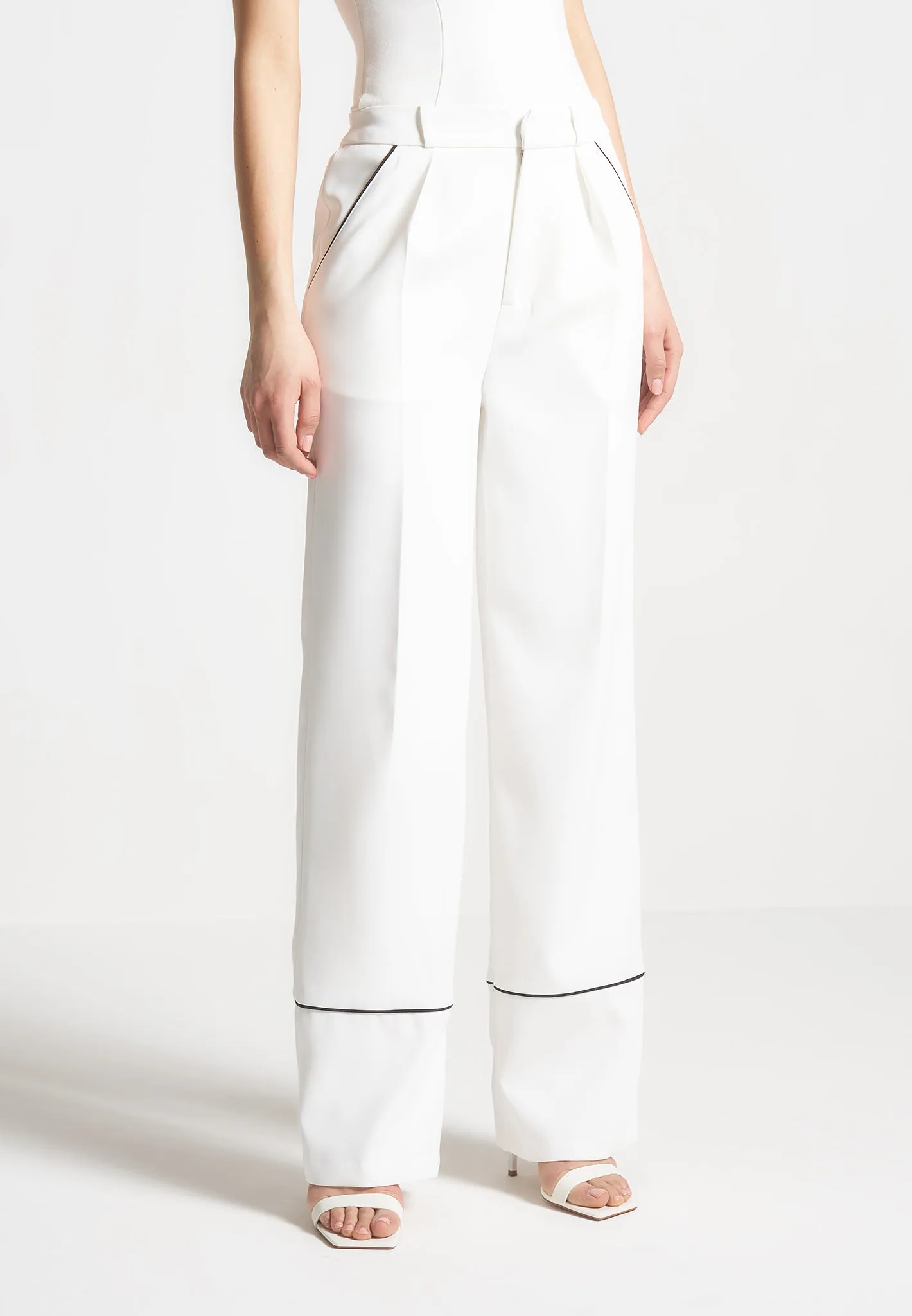 Mina - Contrast Piped Pleated Trousers - White/Black sold by Maniere De Voir