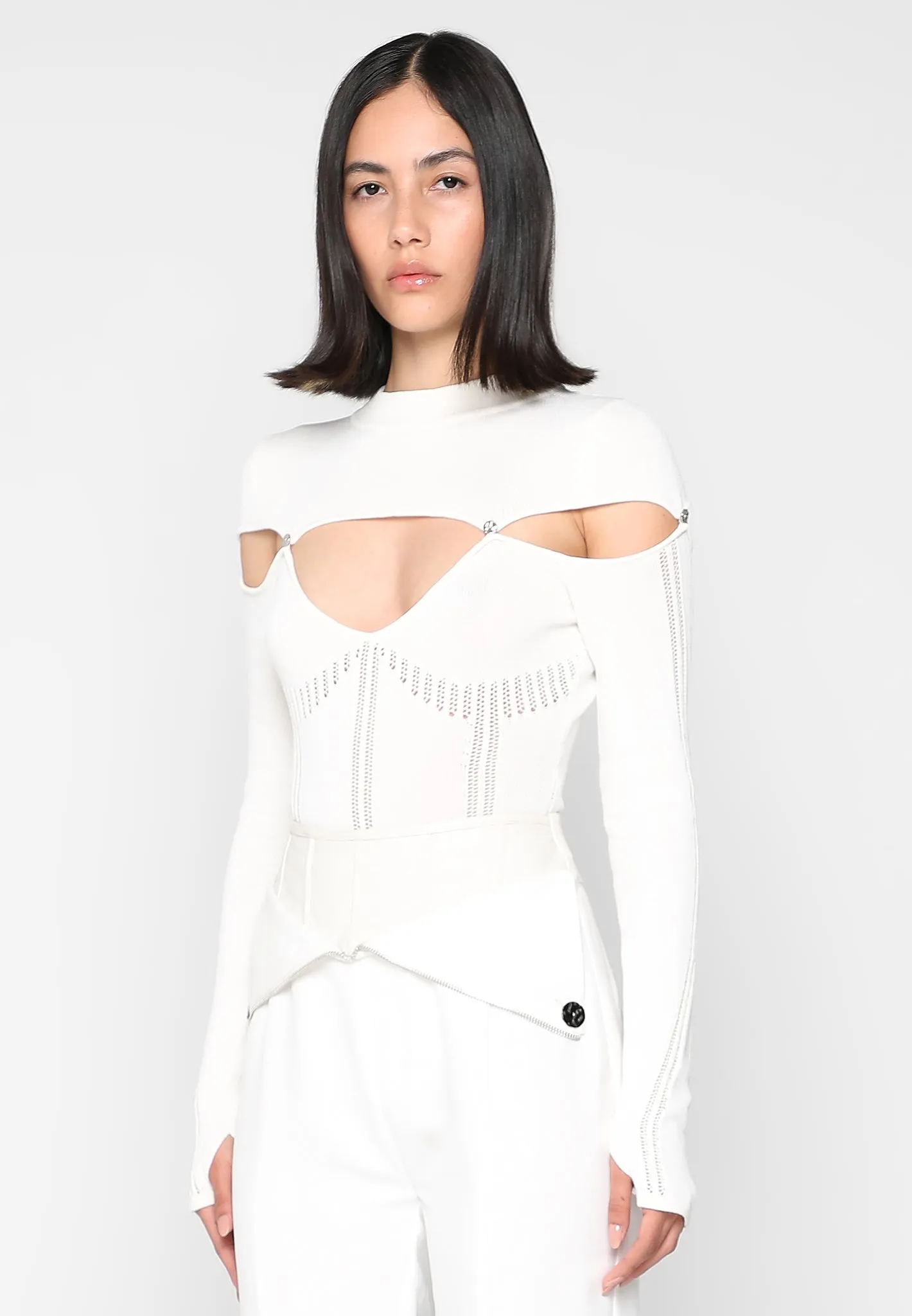 Knitted Cut Out Bodysuit - White sold by Maniere De Voir product image thumbnail 3
