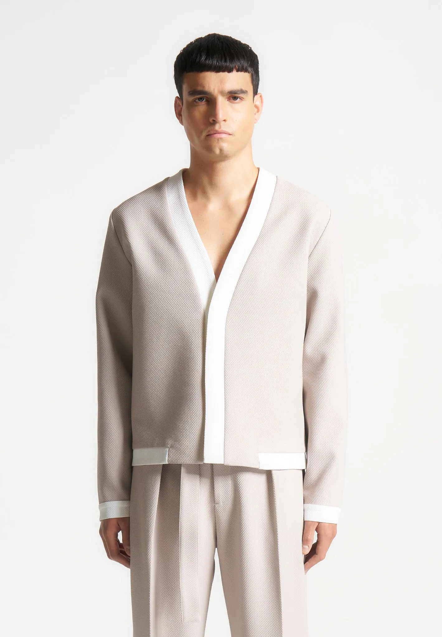 Clovis - Textured Contrast Cardigan - Stone/White sold by Maniere De Voir