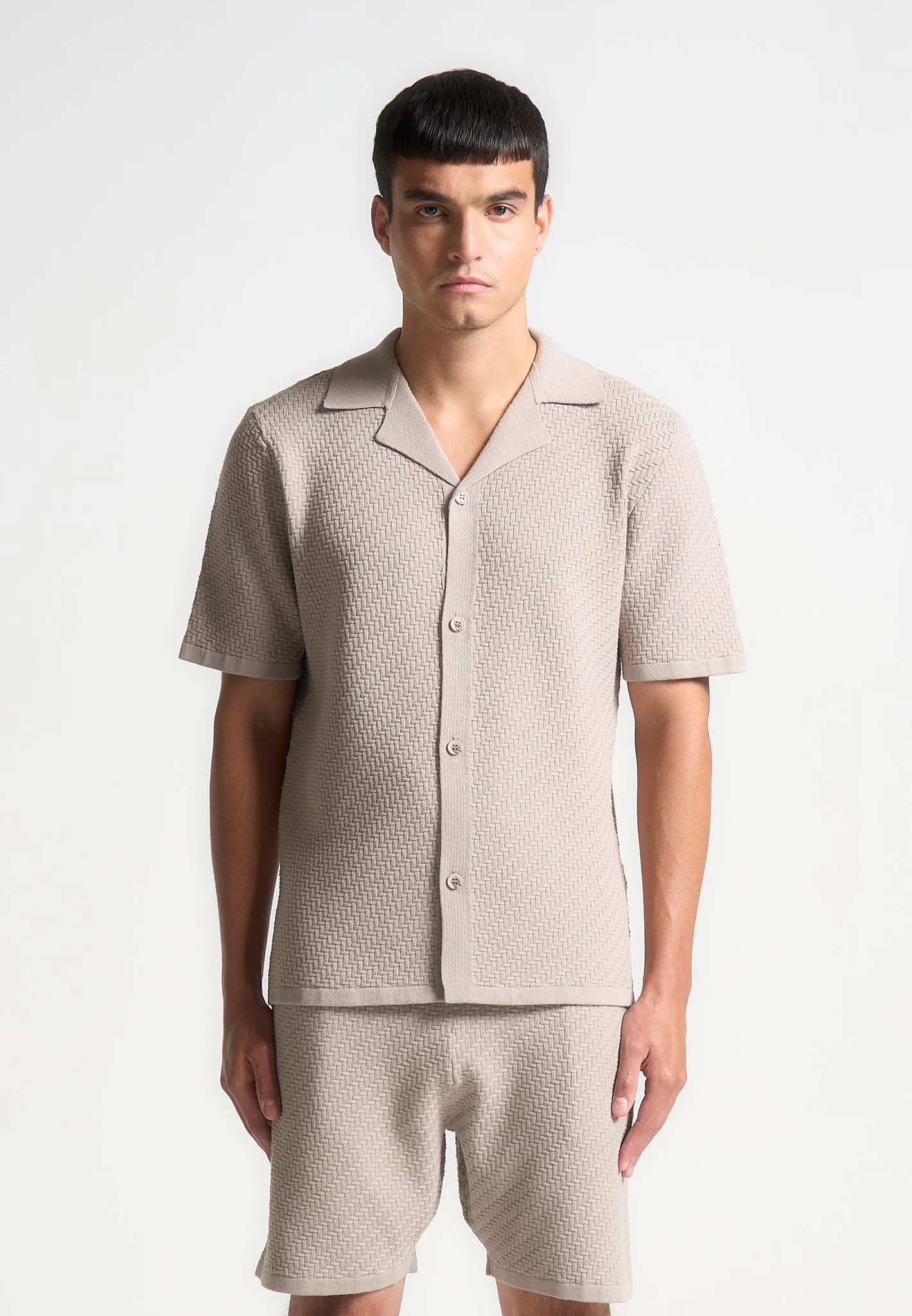 Herringbone Knit Revere Shirt - Taupe sold by Maniere De Voir