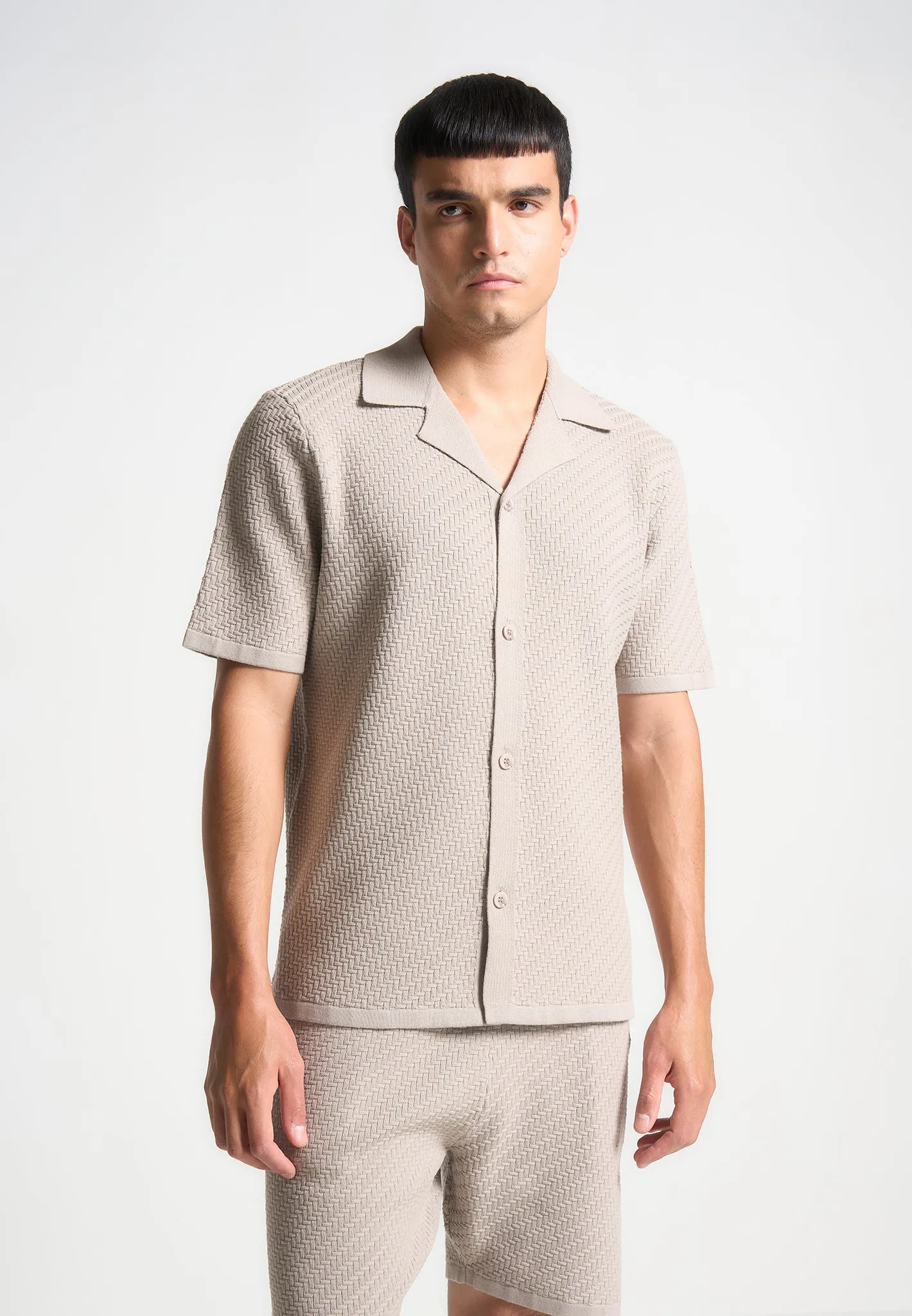 Herringbone Knit Revere Shirt - Taupe sold by Maniere De Voir product image thumbnail 5
