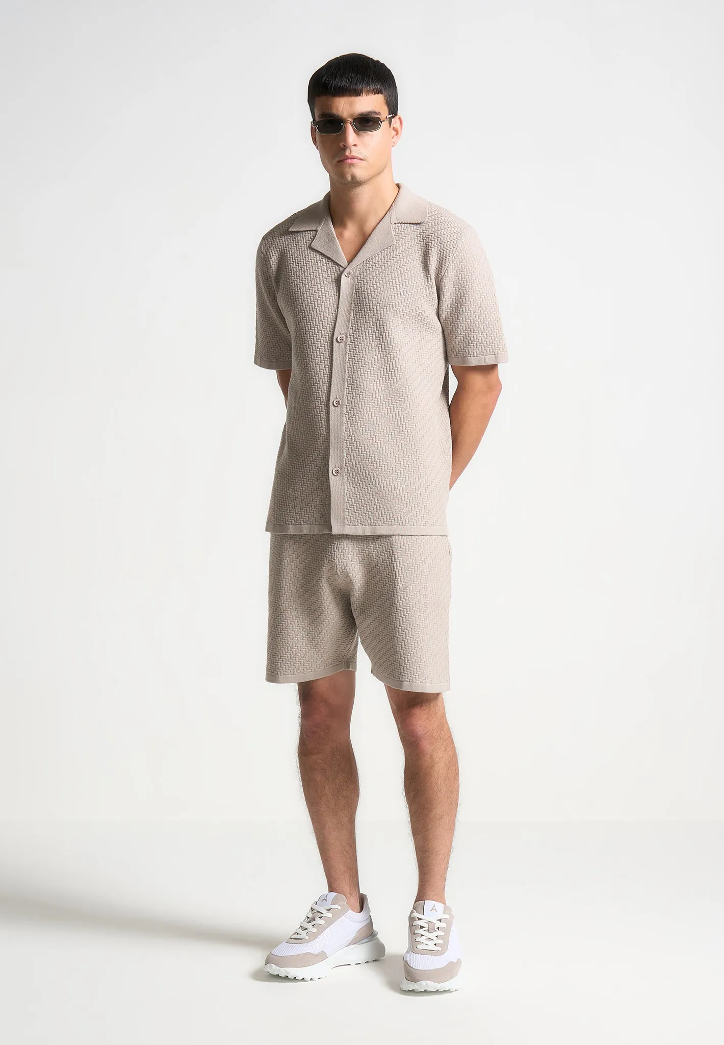 Herringbone Knit Revere Shirt - Taupe sold by Maniere De Voir product image thumbnail 3