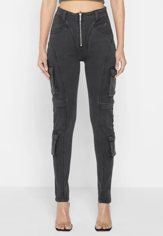 Cargo Pocket Skinny Jeans - Washed Black sold by Maniere De Voir