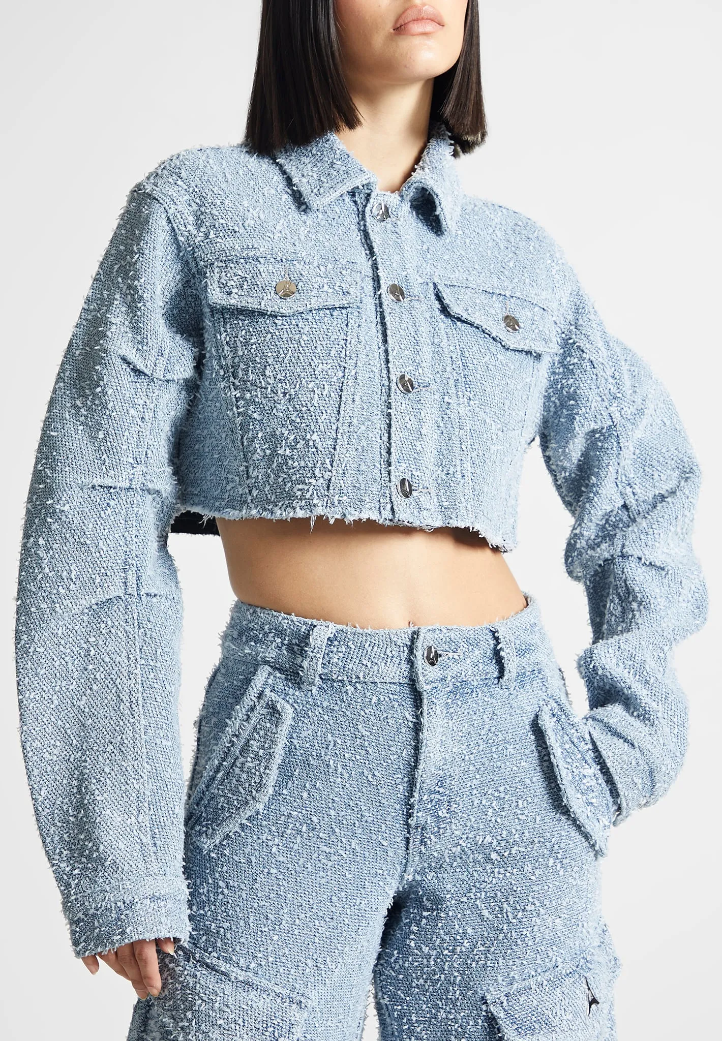 Catherine - Cropped Boucle Denim Jacket - Mid Blue sold by Maniere De Voir