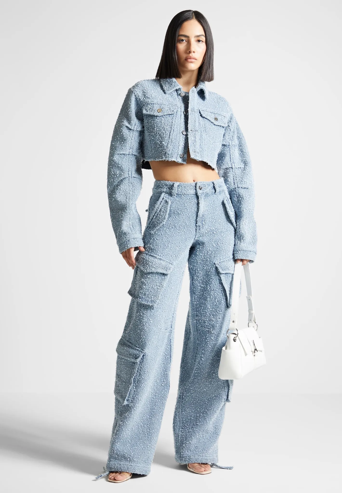 Catherine - Cropped Boucle Denim Jacket - Mid Blue sold by Maniere De Voir product image thumbnail 3