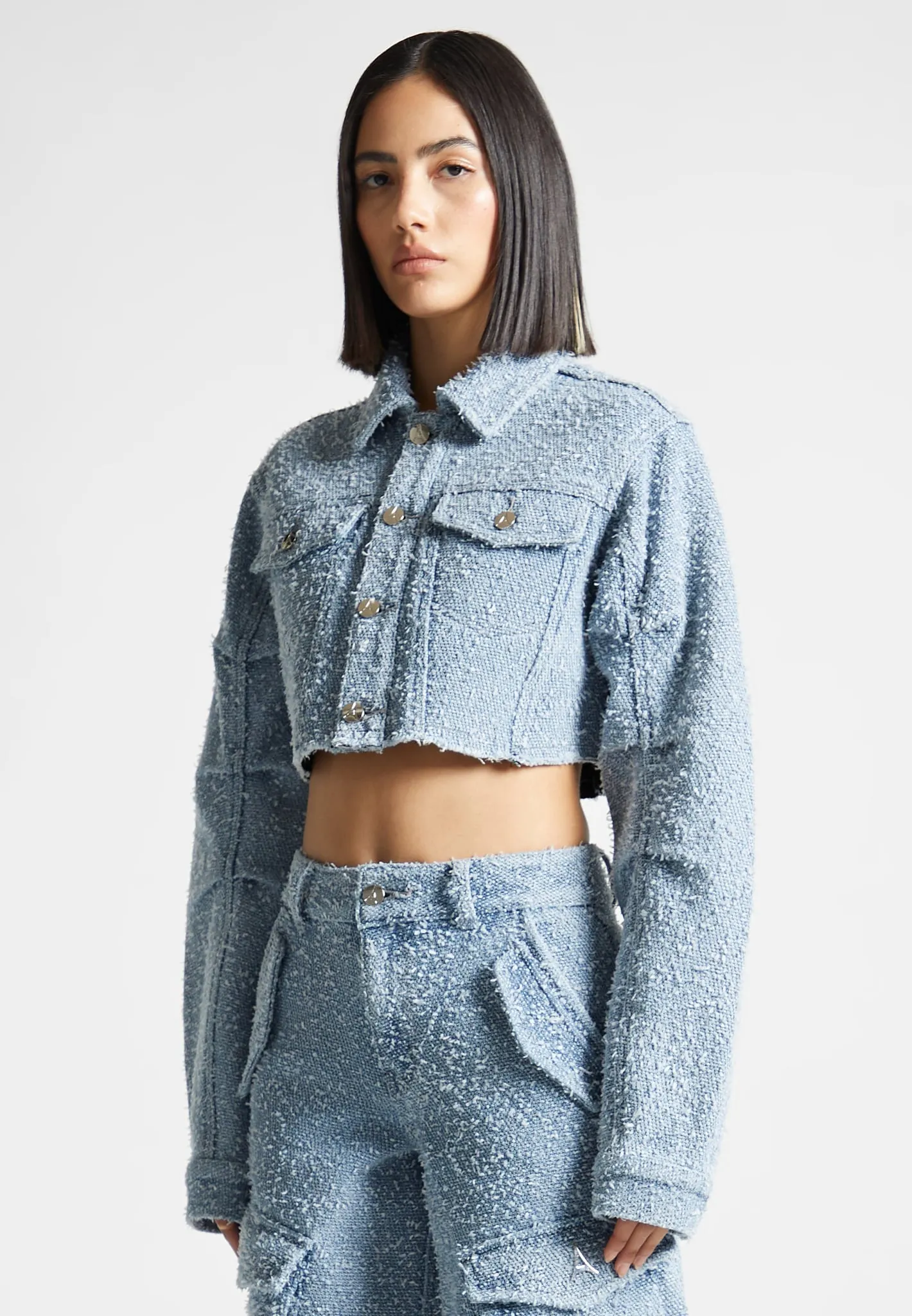 Catherine - Cropped Boucle Denim Jacket - Mid Blue sold by Maniere De Voir product image thumbnail 5