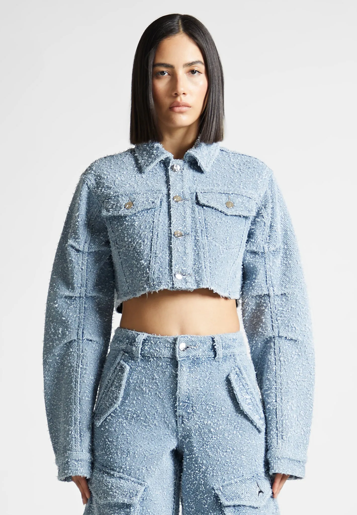 Catherine - Cropped Boucle Denim Jacket - Mid Blue sold by Maniere De Voir product image thumbnail 4