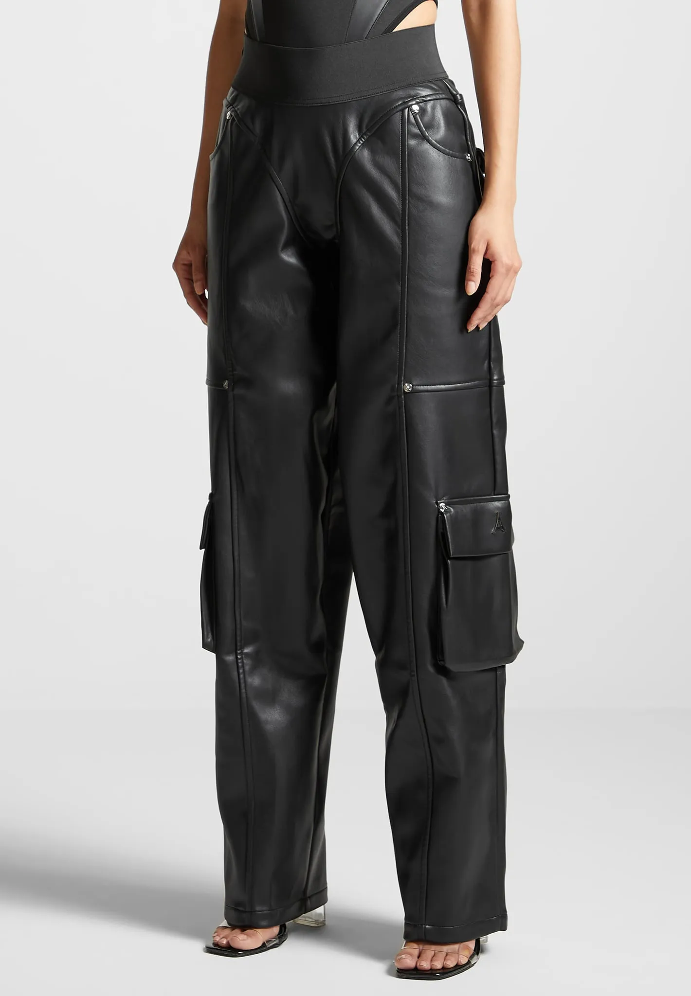 Elasticated Waist Leather Cargo Trousers - Black sold by Maniere De Voir product image thumbnail 5