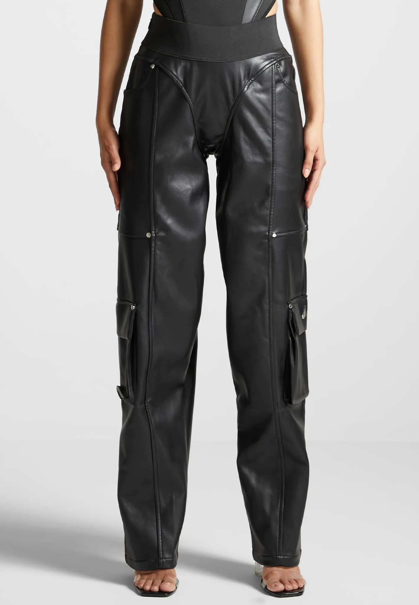 Elasticated Waist Leather Cargo Trousers - Black sold by Maniere De Voir product image thumbnail 4