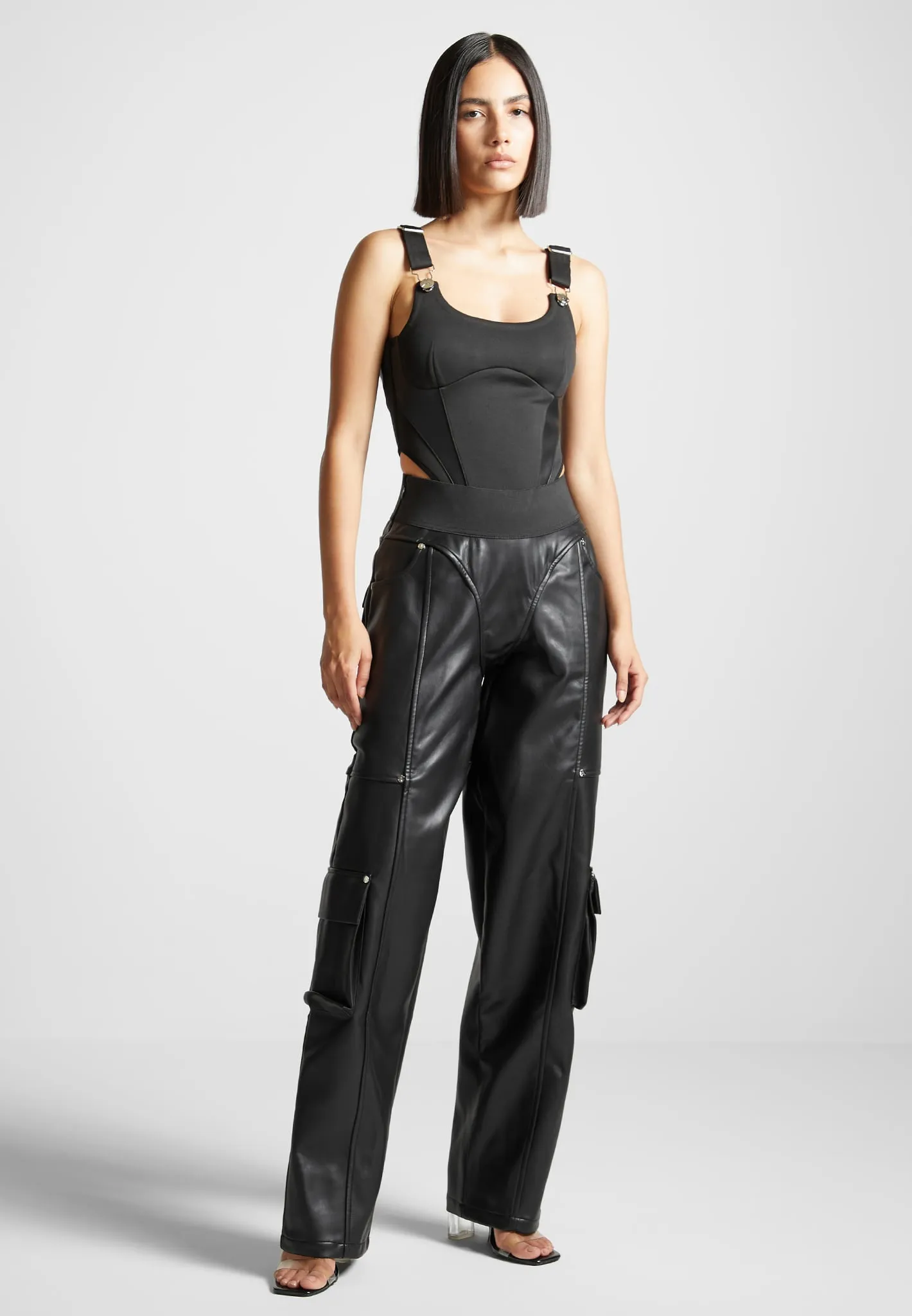 Elasticated Waist Leather Cargo Trousers - Black sold by Maniere De Voir product image thumbnail 3