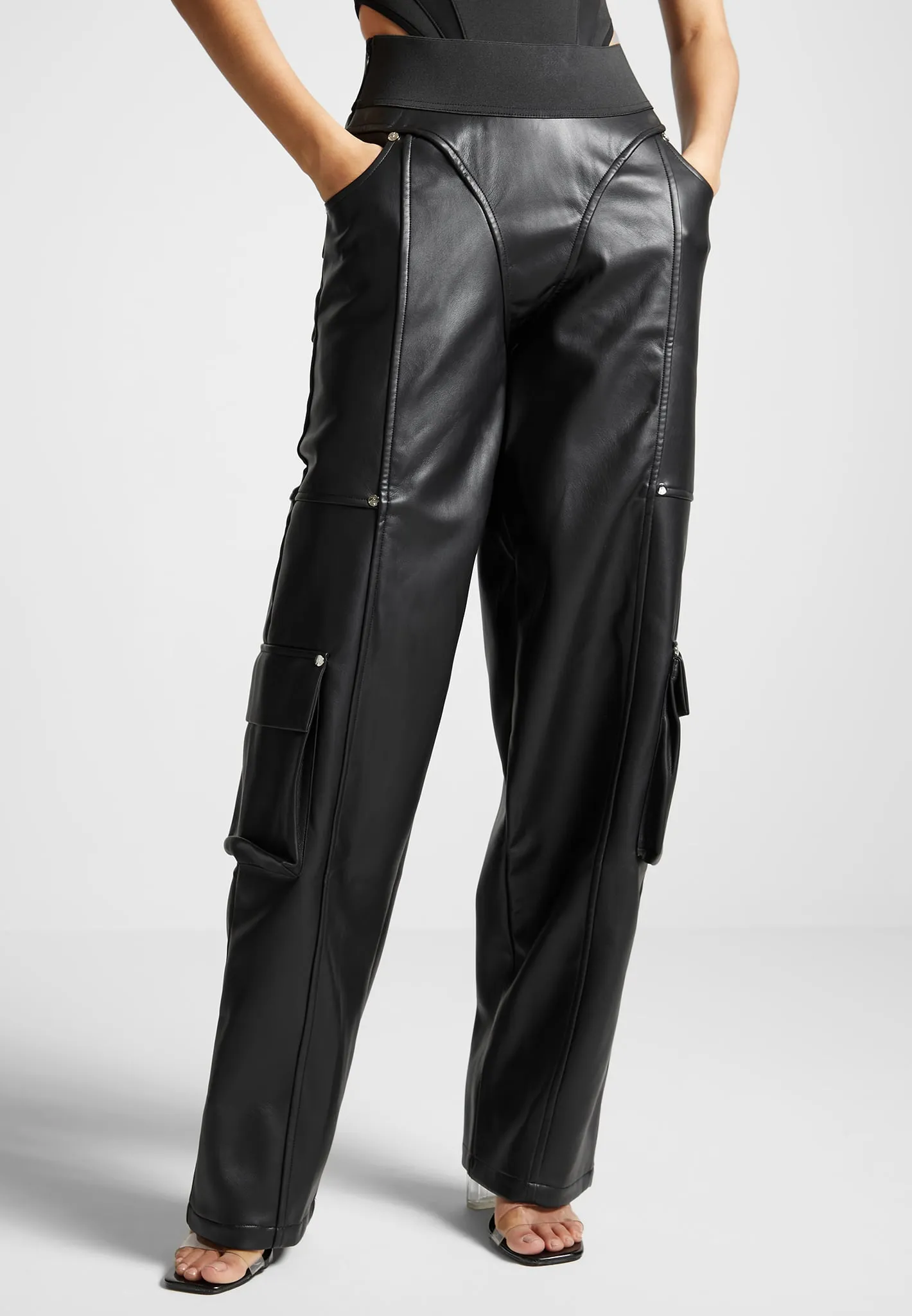 Elasticated Waist Leather Cargo Trousers - Black sold by Maniere De Voir