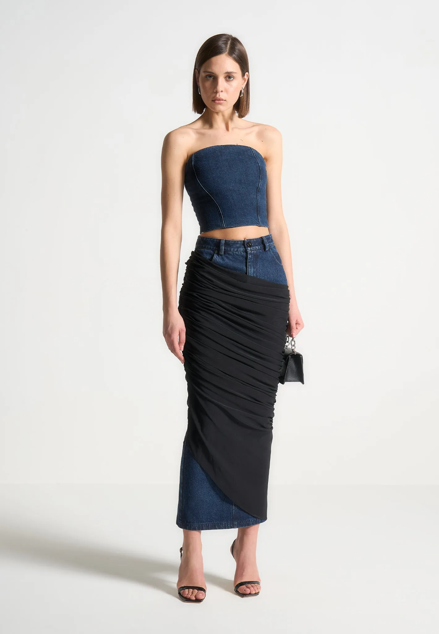 Draped Mesh Denim Maxi Skirt - Indigo sold by Maniere De Voir