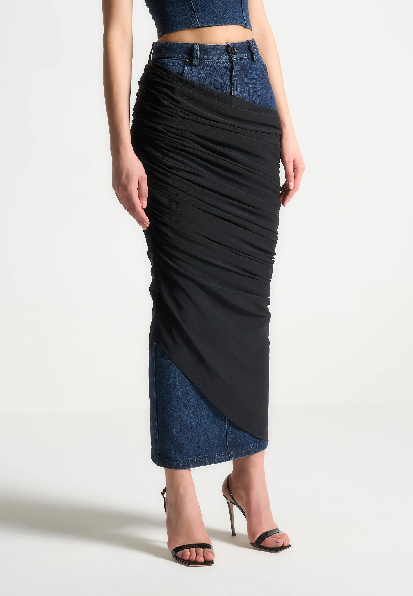 Draped Mesh Denim Maxi Skirt - Indigo sold by Maniere De Voir product image thumbnail 3