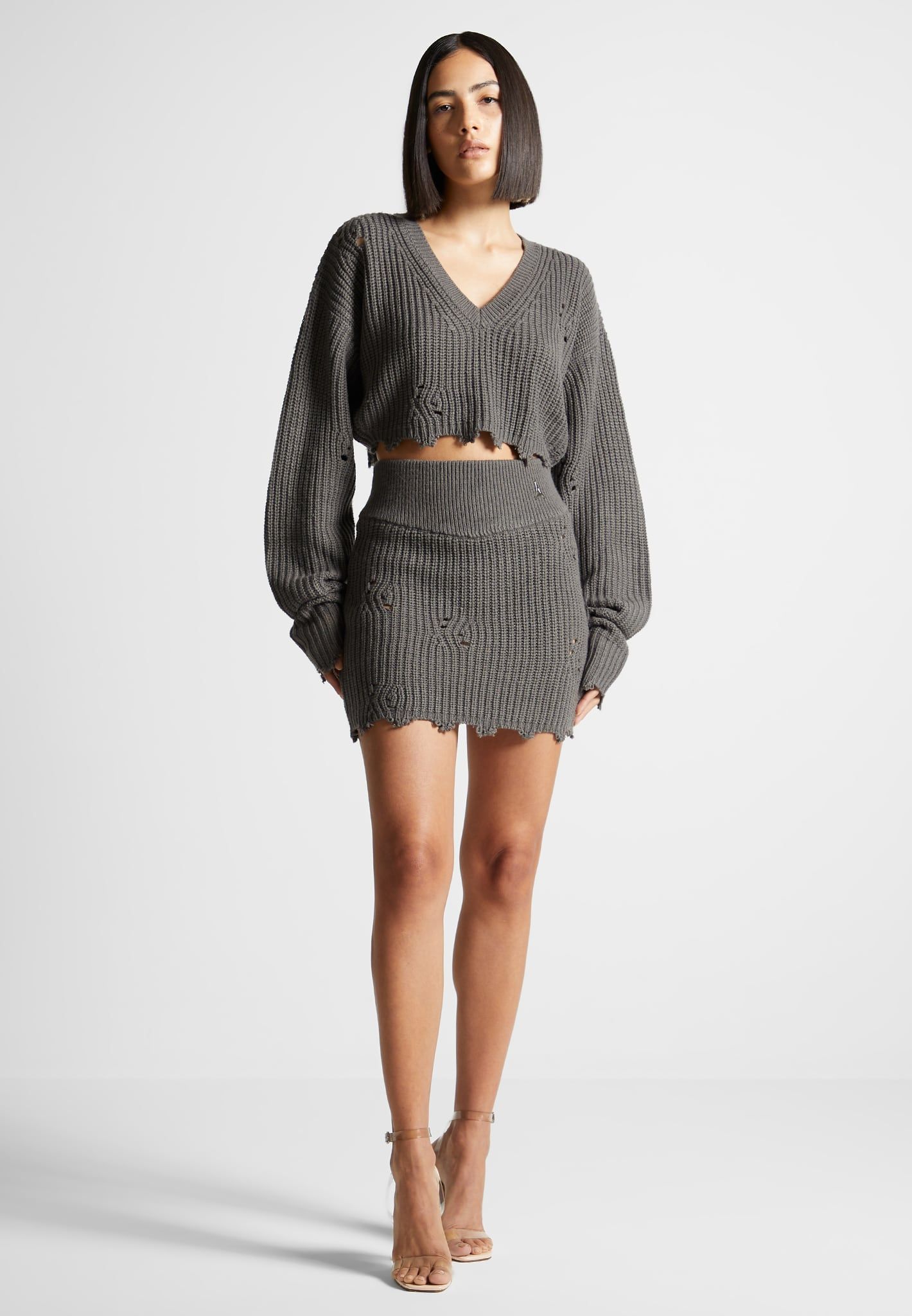 Distressed Knit Mini Skirt - Khaki sold by Maniere De Voir
