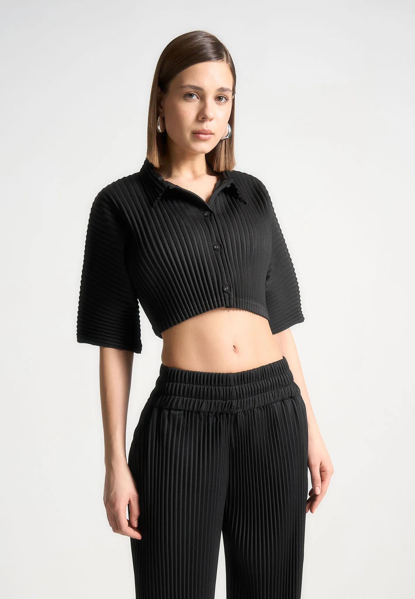 Mona - Pleated Cropped Shirt - Black sold by Maniere De Voir