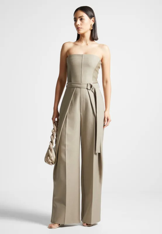 Sabine - Tailored Pleat Jumpsuit with Belt - Beige sold by Maniere De Voir