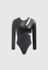 Leather Overlay Mesh Bodysuit - Black sold by Maniere De Voir