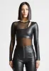 Leather Overlay Mesh Bodysuit - Black sold by Maniere De Voir