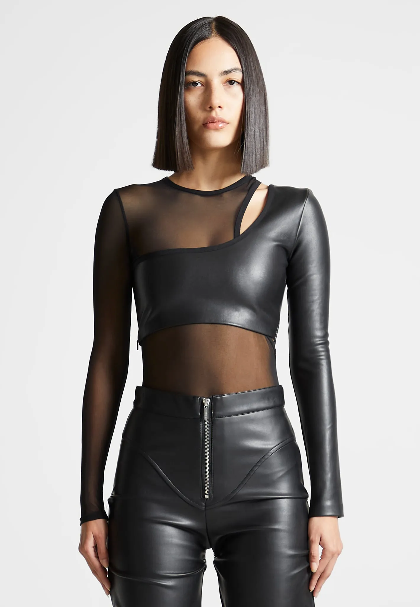Leather Overlay Mesh Bodysuit - Black sold by Maniere De Voir product image thumbnail 4