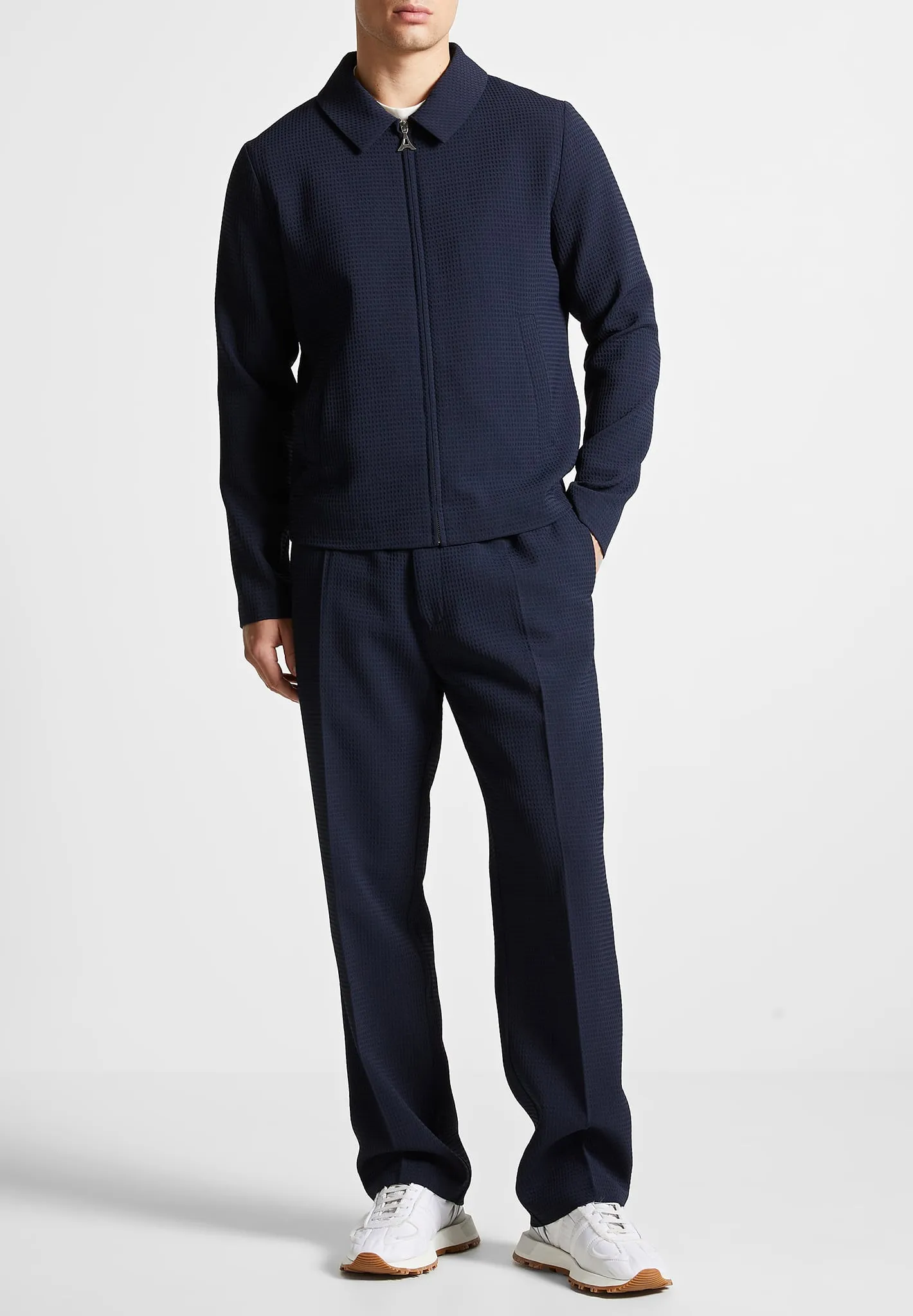 Waffle Seersucker Trousers - Navy sold by Maniere De Voir