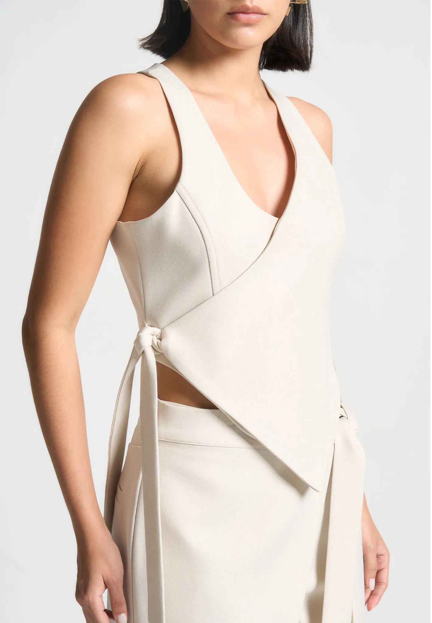 Asymmetric Tailored Waistcoat with Tie - Light Beige sold by Maniere De Voir product image thumbnail 3