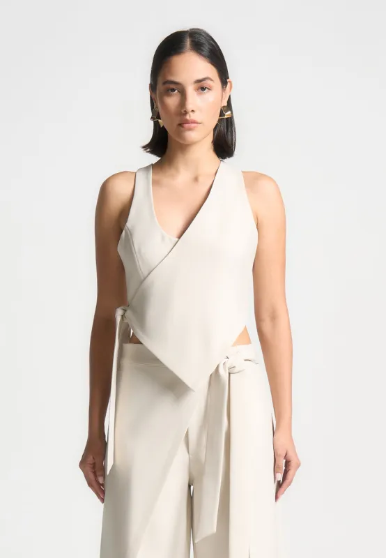Asymmetric Tailored Waistcoat with Tie - Light Beige sold by Maniere De Voir