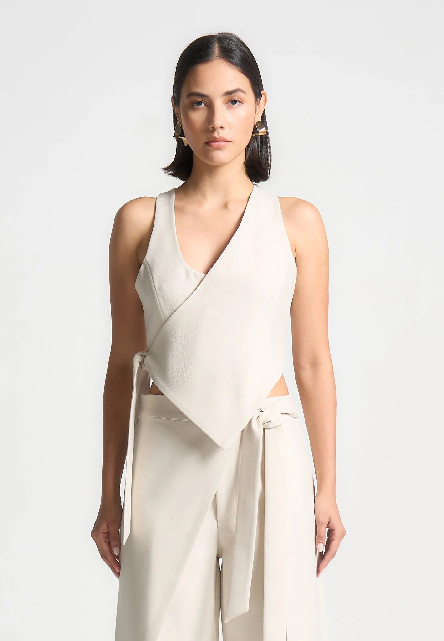 Asymmetric Tailored Waistcoat with Tie - Light Beige sold by Maniere De Voir