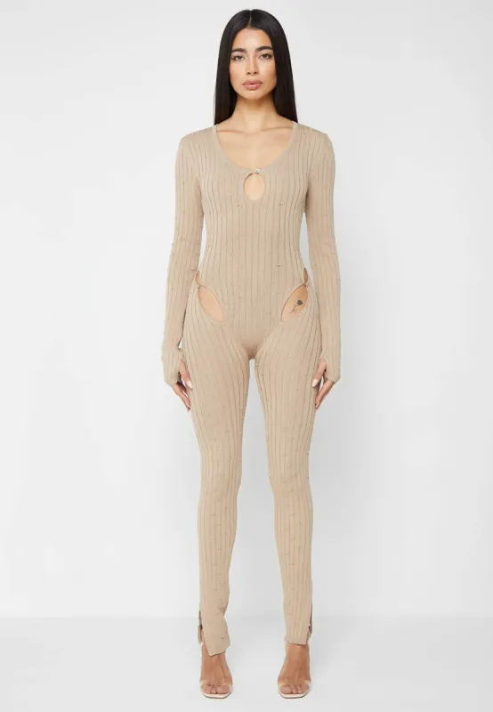 Distressed Knitted Cut Out Jumpsuit - Taupe sold by Maniere De Voir