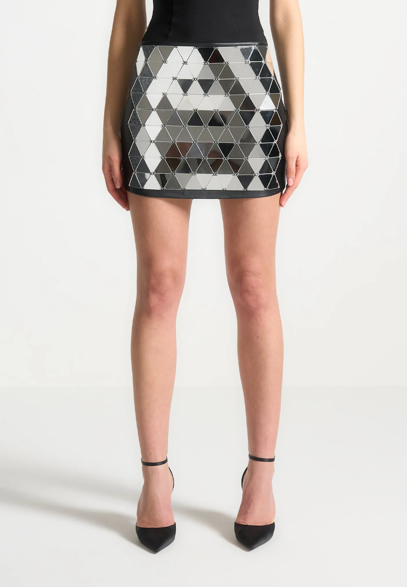 Leather Mirrored Mini Skirt - Silver/Black sold by Maniere De Voir