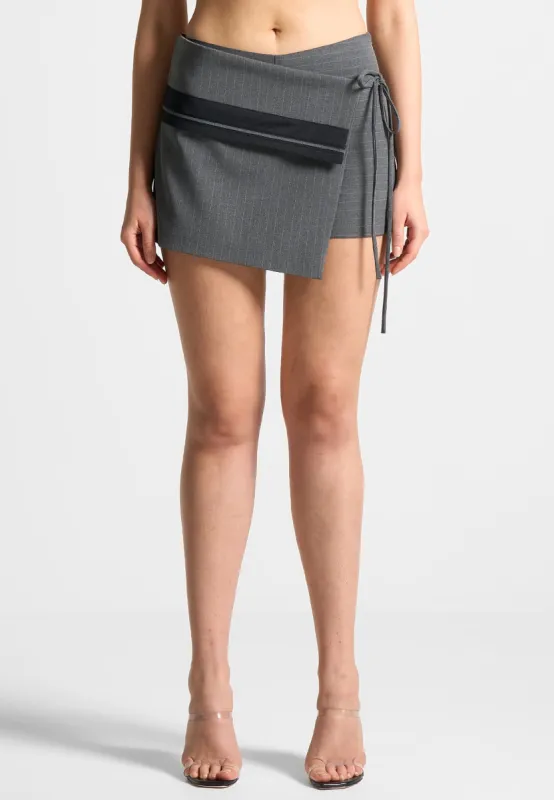 Pinstripe Tailored Mini Skort with Tie - Grey sold by Maniere De Voir
