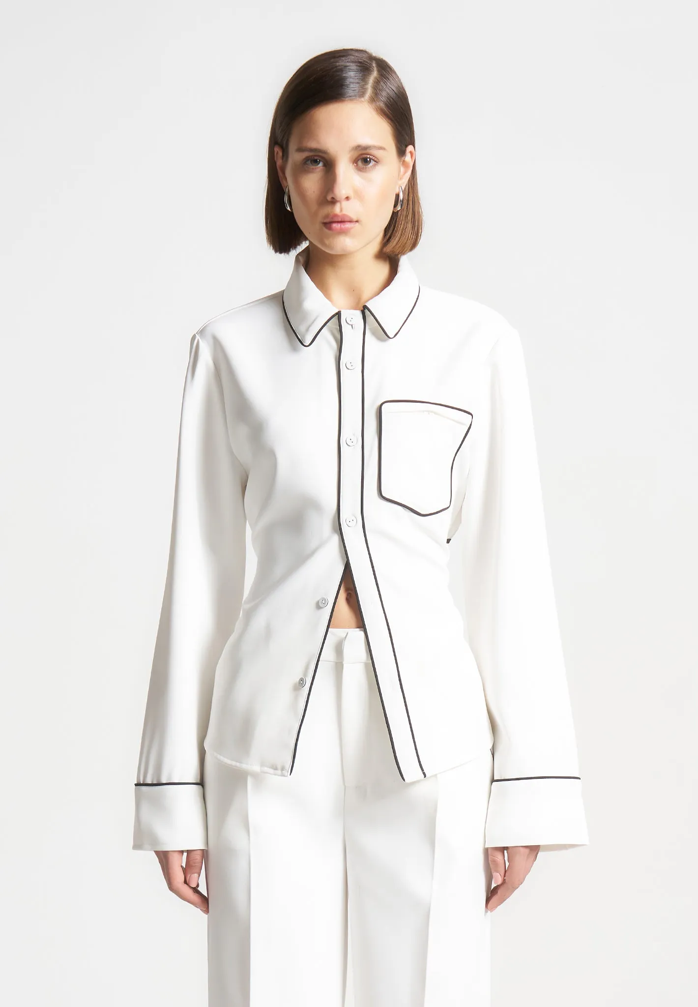 Contrast Piped Backless Tie Shirt - White/Black sold by Maniere De Voir product image thumbnail 5