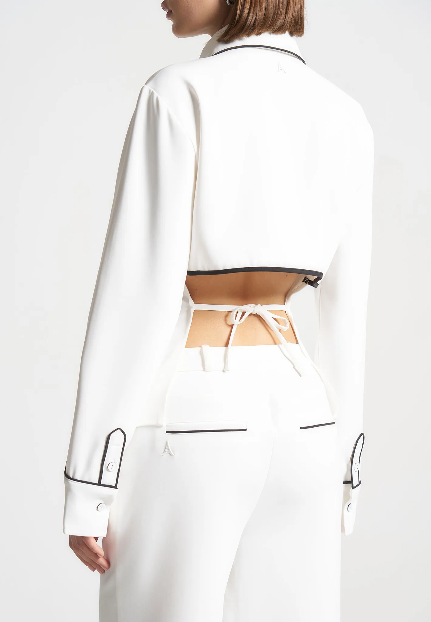 Contrast Piped Backless Tie Shirt - White/Black sold by Maniere De Voir product image thumbnail 2