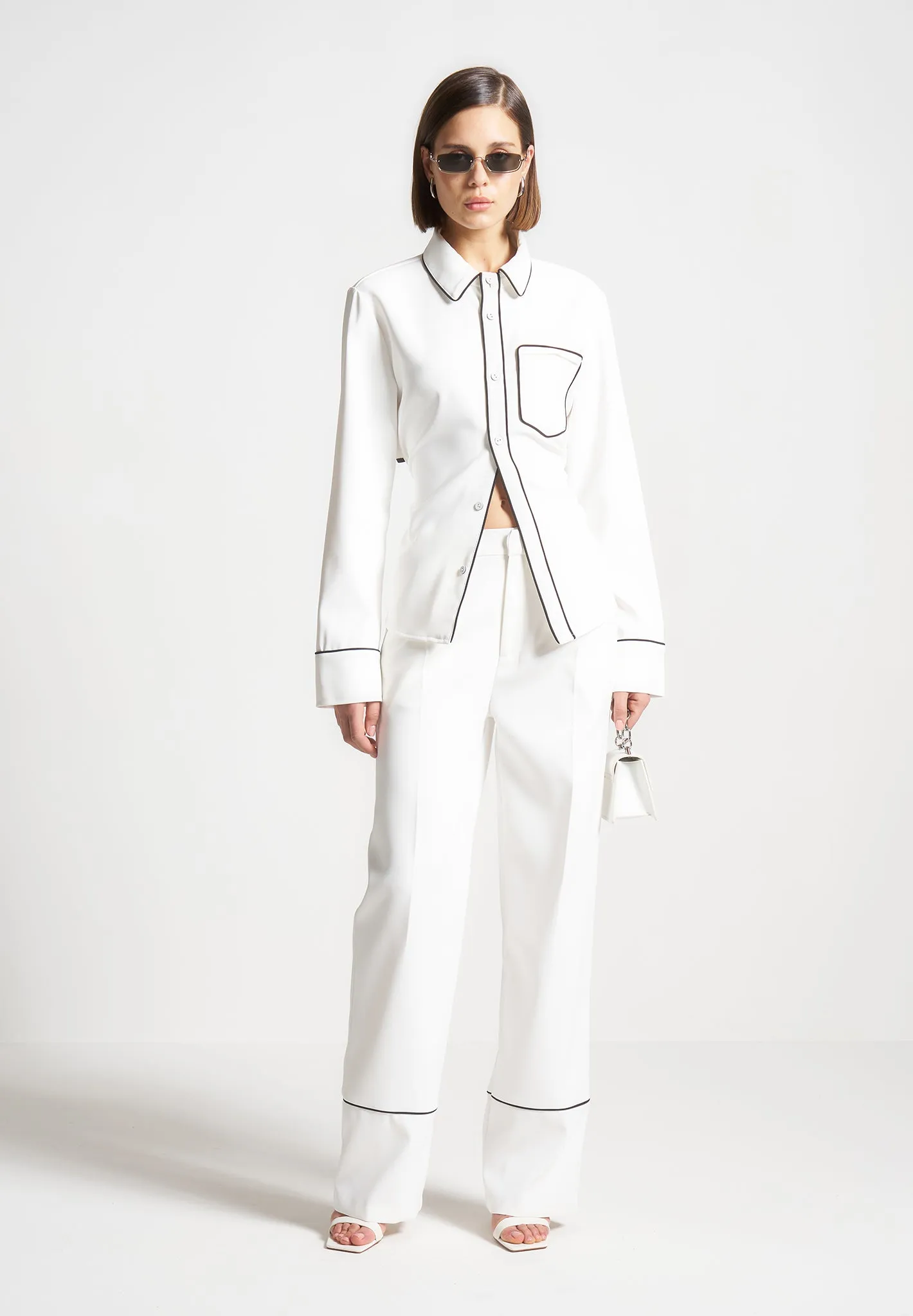 Contrast Piped Backless Tie Shirt - White/Black sold by Maniere De Voir