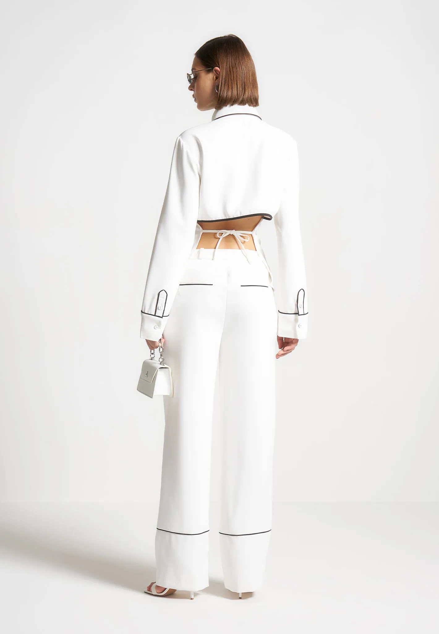 Contrast Piped Backless Tie Shirt - White/Black sold by Maniere De Voir product image thumbnail 4