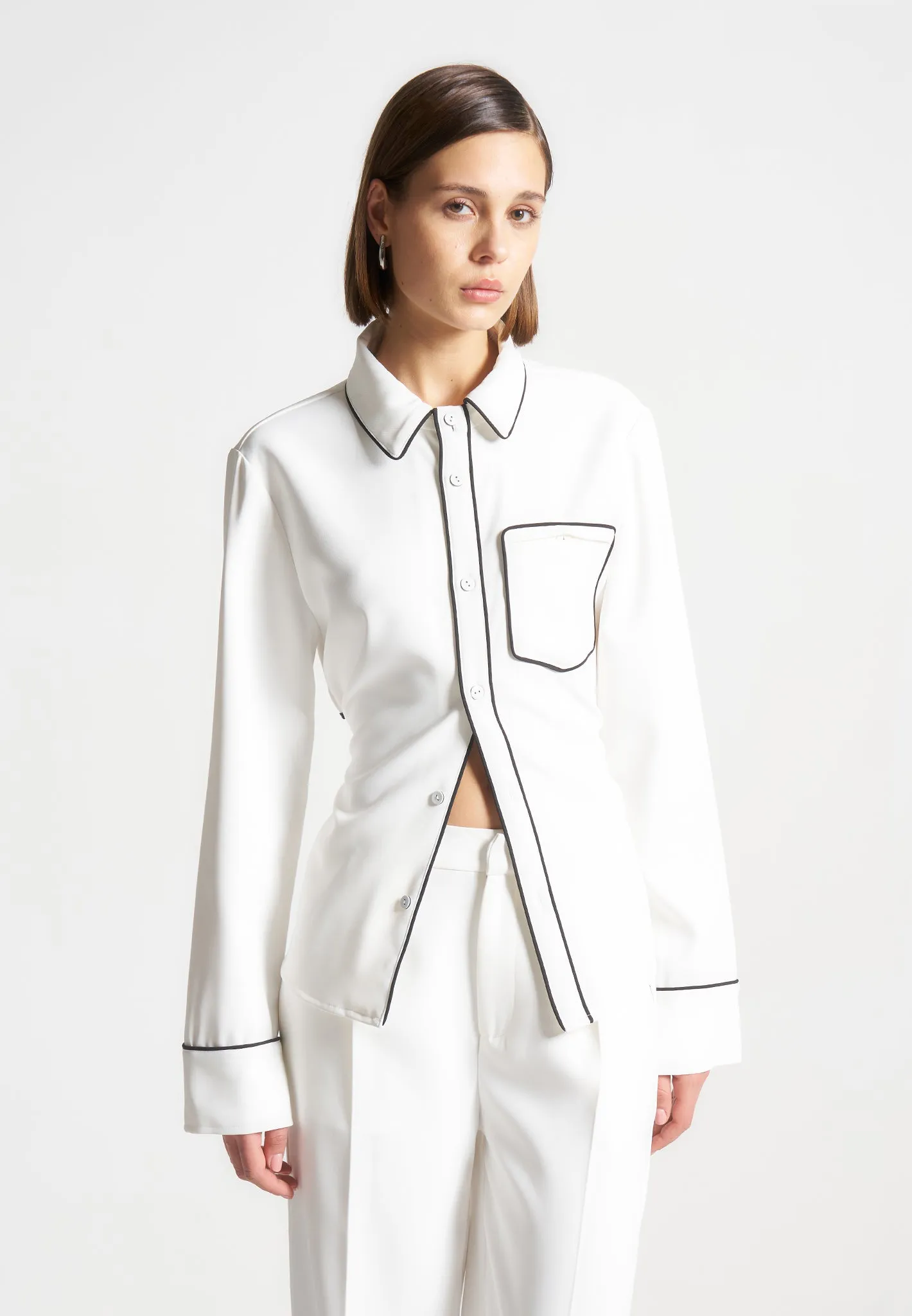 Contrast Piped Backless Tie Shirt - White/Black sold by Maniere De Voir product image thumbnail 3