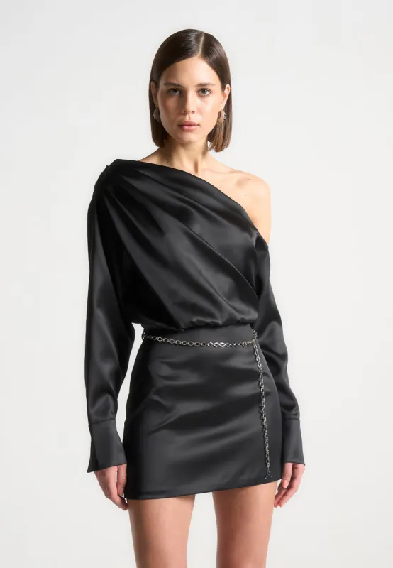 Off Shoulder Draped Satin Mini Dress with Belt - Black sold by Maniere De Voir