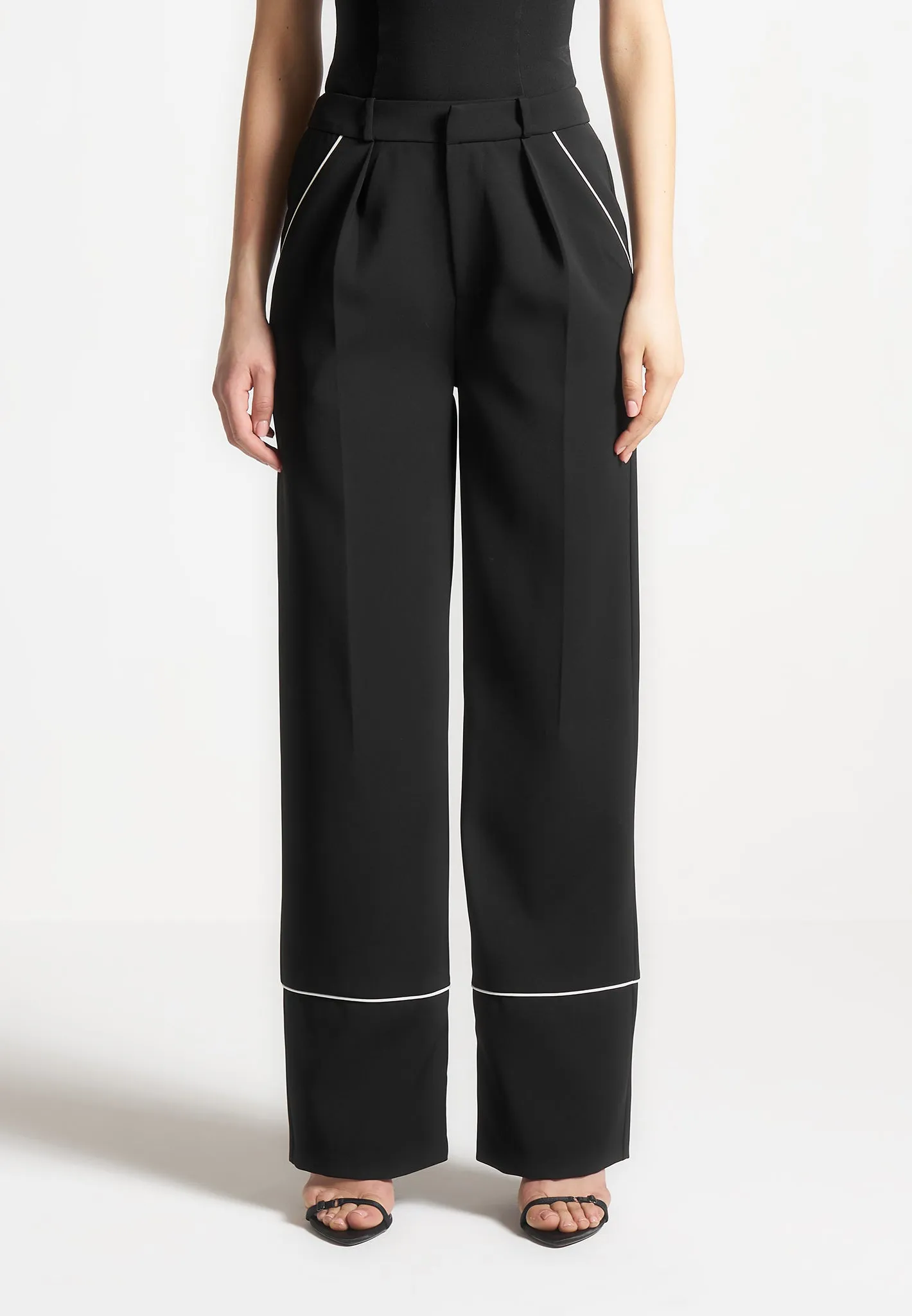 Mina - Contrast Piped Pleated Trousers - Black/White sold by Maniere De Voir product image thumbnail 3