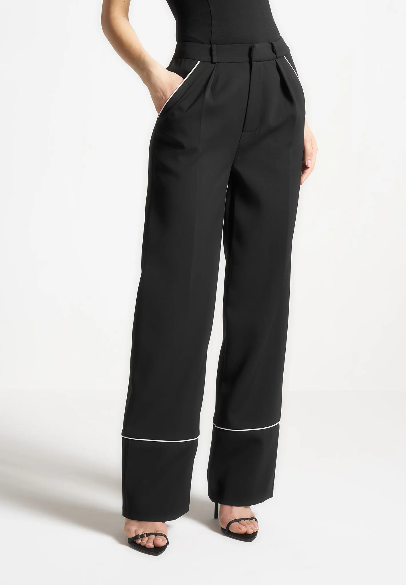 Mina - Contrast Piped Pleated Trousers - Black/White sold by Maniere De Voir