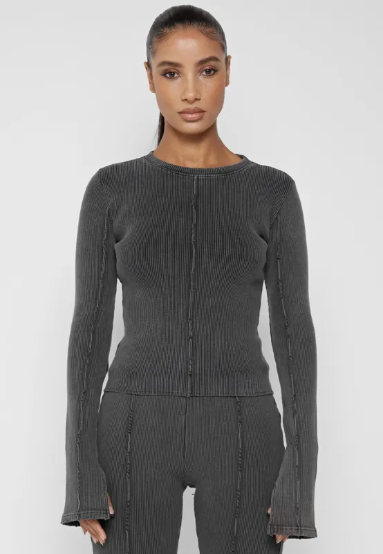 Ribbed Long Sleeve Top - Washed Grey sold by Maniere De Voir