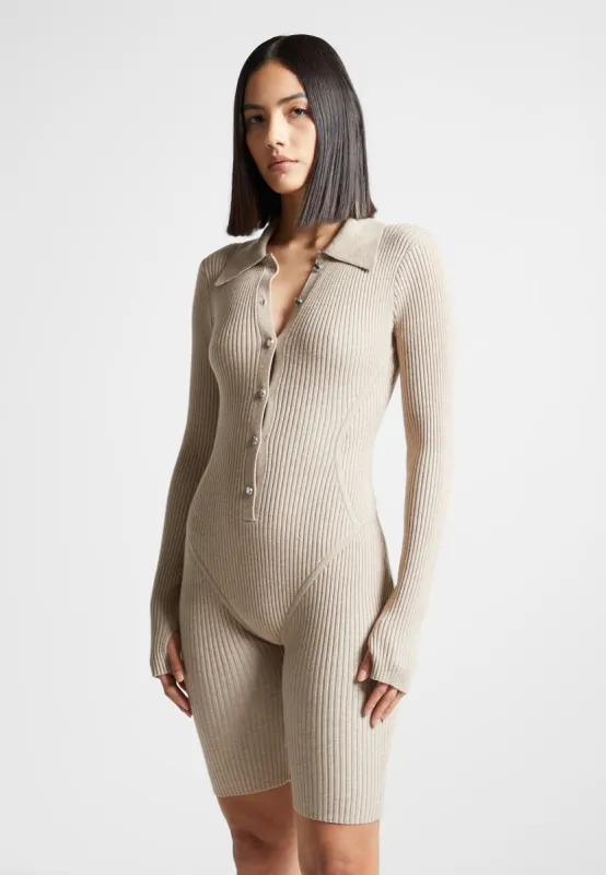 Ribbed Knit Long Sleeve Playsuit - Beige sold by Maniere De Voir