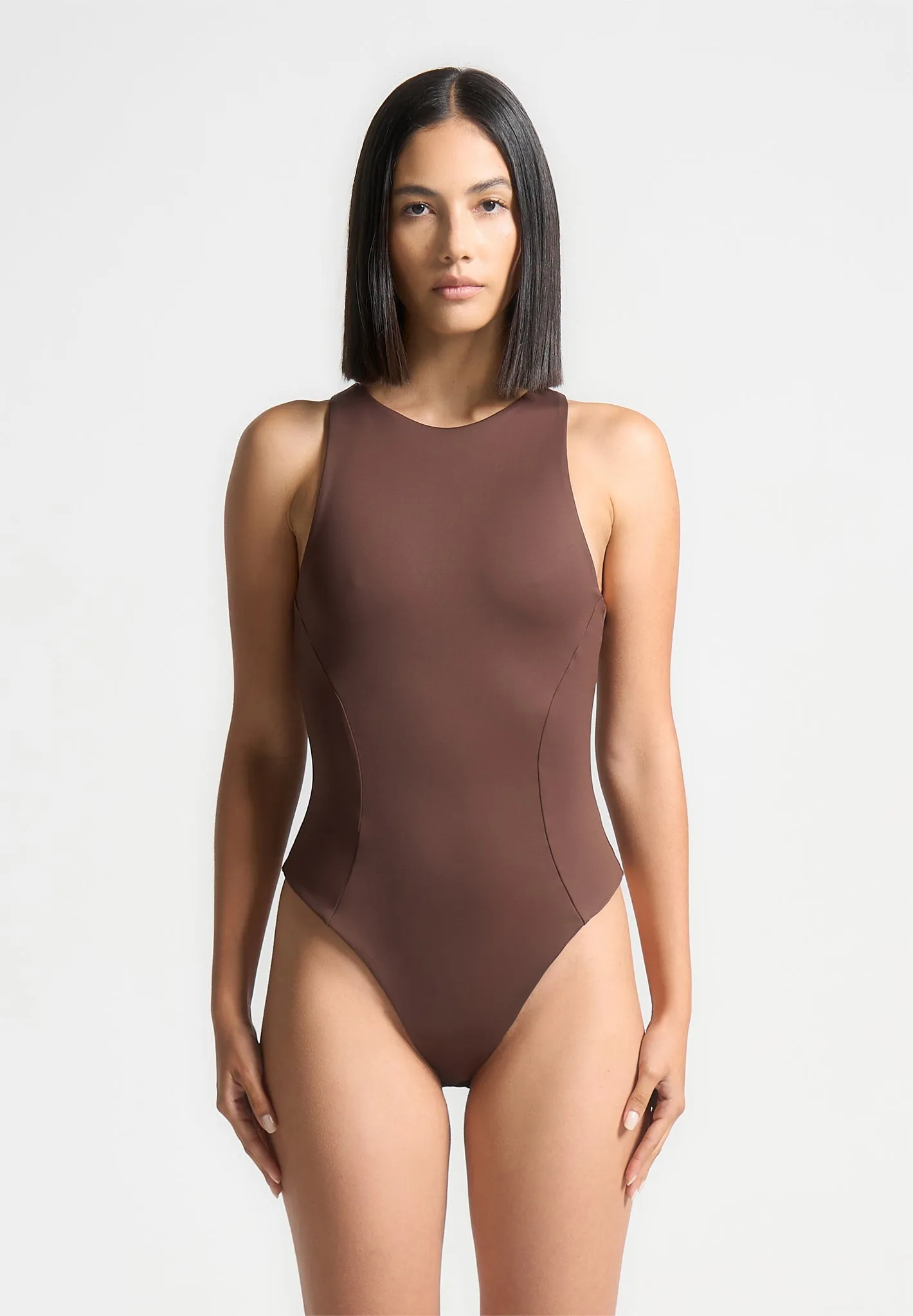 Ines - Double Layer Racer Neck Bodysuit - Brown sold by Maniere De Voir