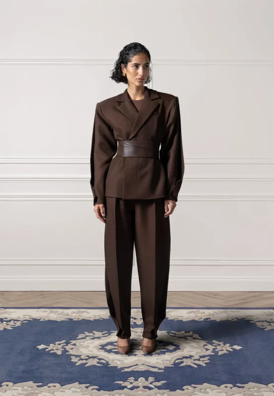 Marie - Twist Sleeve Tailored Blazer with Belt - Brown sold by Maniere De Voir