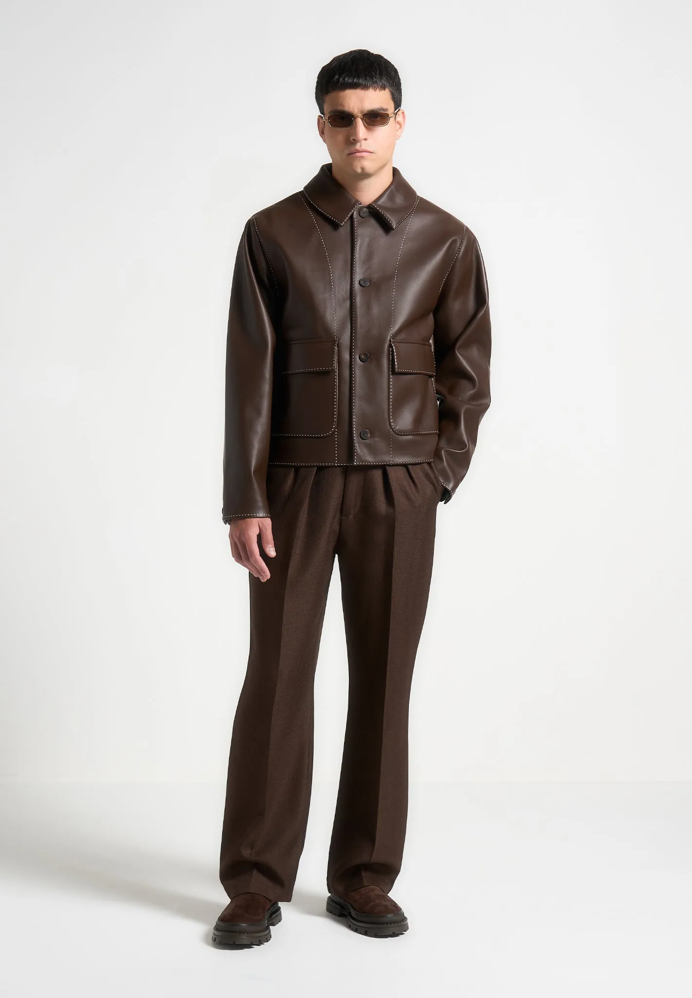 Leather Contrast Stitch Jacket - Brown sold by Maniere De Voir product image thumbnail 2