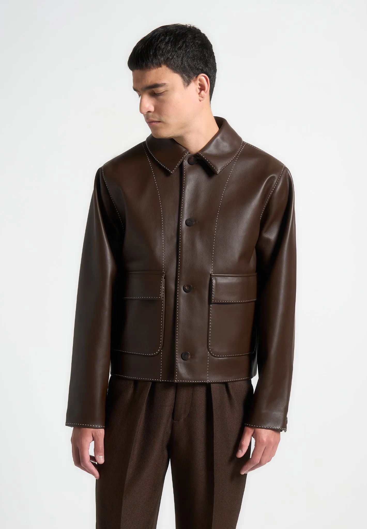 Leather Contrast Stitch Jacket - Brown sold by Maniere De Voir product image thumbnail 3