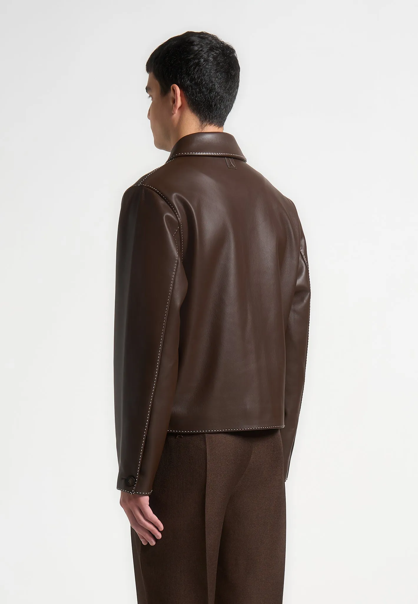Leather Contrast Stitch Jacket - Brown sold by Maniere De Voir product image thumbnail 4